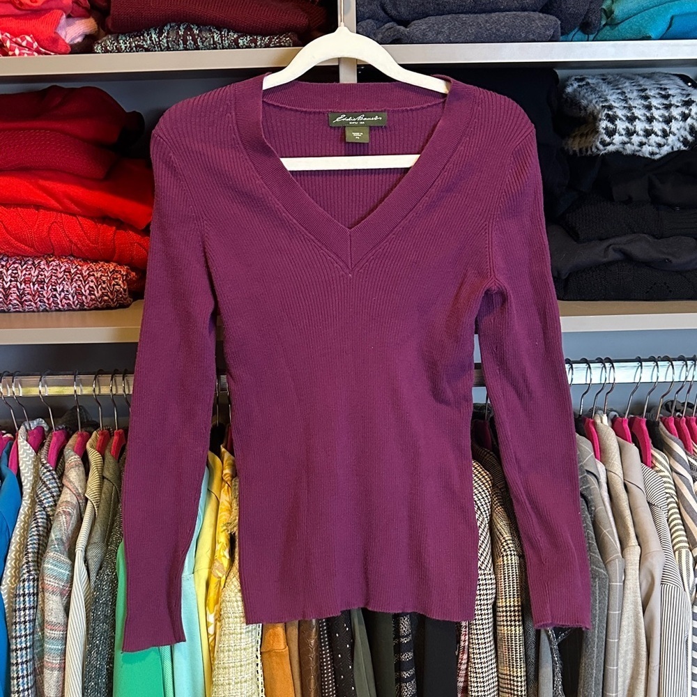 Eddie Bauer magenta long sleeve v neck ribbed sweater size SP